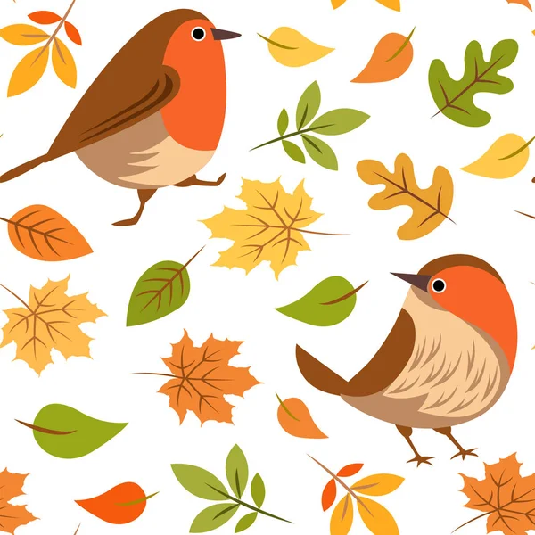 Padrão sem costura com pássaros no parque de outono e folhas caídas . —  Vetores de Stock