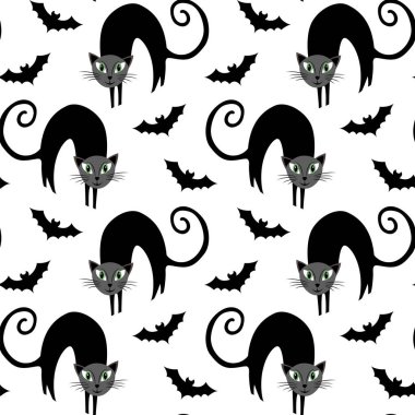  Yeşil gözleri ve yarasa vampir ile siyah bir kedi ile Seamless Modeli.