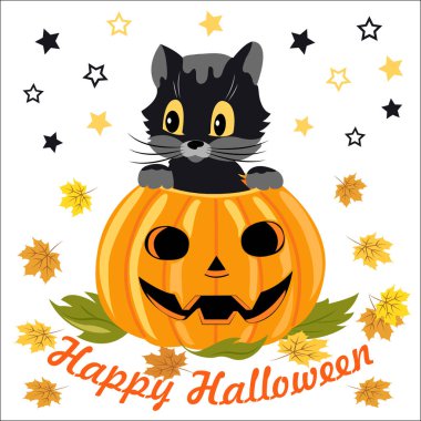  Tebrik kartı, Cadılar Bayramı, kabak, siyah yavru kedi çizim tatil ile banner.