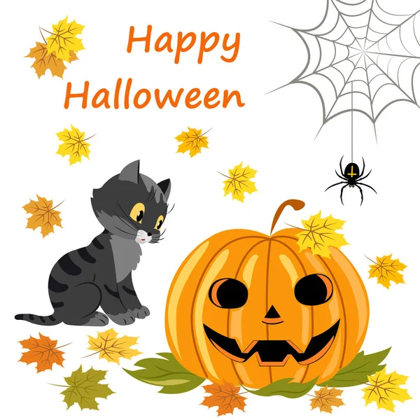 Grußkarte, Banner mit Halloween, Zeichnung eines Kürbisses, kleines Kätzchen, Herbstblätter. — Stockvektor
