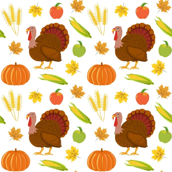 Seamless drawing for Thanksgiving, an image of a turkey, a pumpkin, corn. — Stock Vector