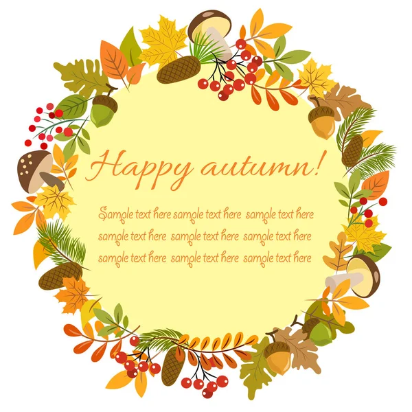 Cartão de outono com uma grinalda de folhas de outono, bagas de Rowan, bolotas e um lugar para texto . —  Vetores de Stock