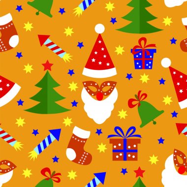 Noel öğeleri, havai fişek, çorap, maske, Noel ağacı ile Seamless Modeli.