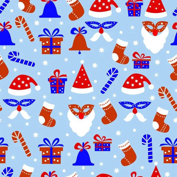 Patrón sin costuras con elementos de Navidad, calcetín de Navidad, palo dulce, sombrero de Santa . — Vector de stock