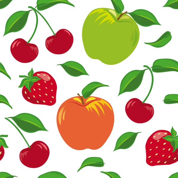 Padrão colorido sem costura com frutas e bagas, maçãs, cerejas e morangos . —  Vetores de Stock