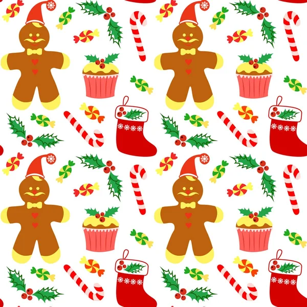 クリスマスのお菓子、ギフト、花輪のシームレス パターン. ストックベクター