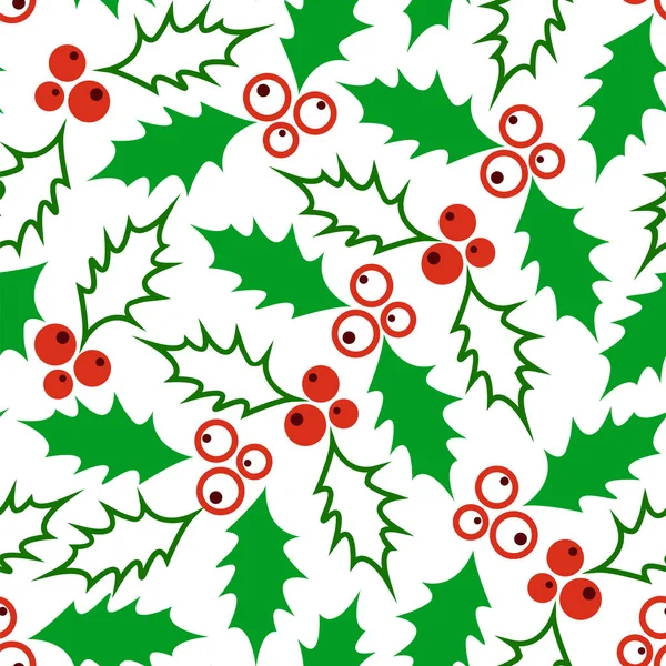 Naadloze Kerst patroon met groene bladeren met rode bessen. — Stockvector
