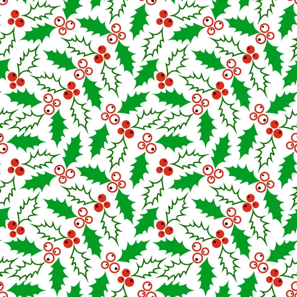 Naadloze Kerst patroon met elementen van rode bessen en groene bladeren. — Stockvector