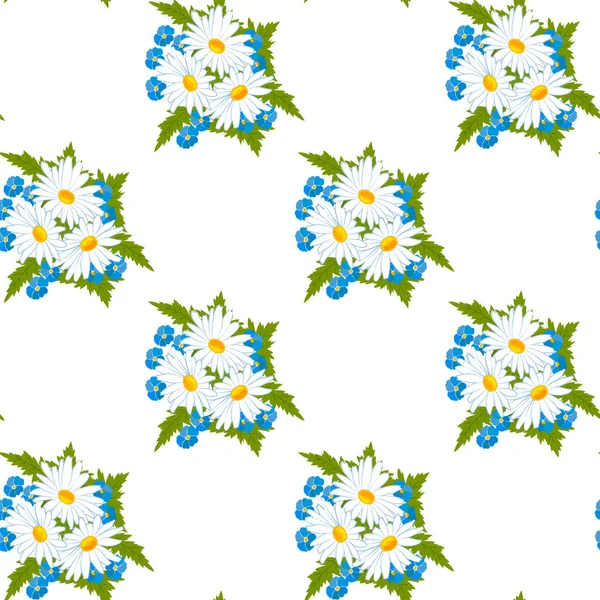 Απρόσκοπτη λουλουδάτο μοτίβο με ένα μάτσο λευκό μαργαρίτες και κενταύριο μπλε — Διανυσματικό Αρχείο