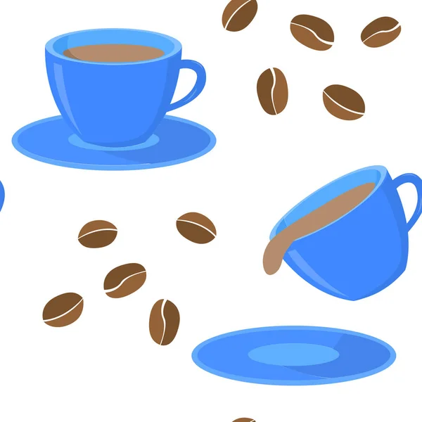 香り高いコーヒーと茶色のコーヒー豆の青いカップのシームレス パターン ロイヤリティフリーストックベクター