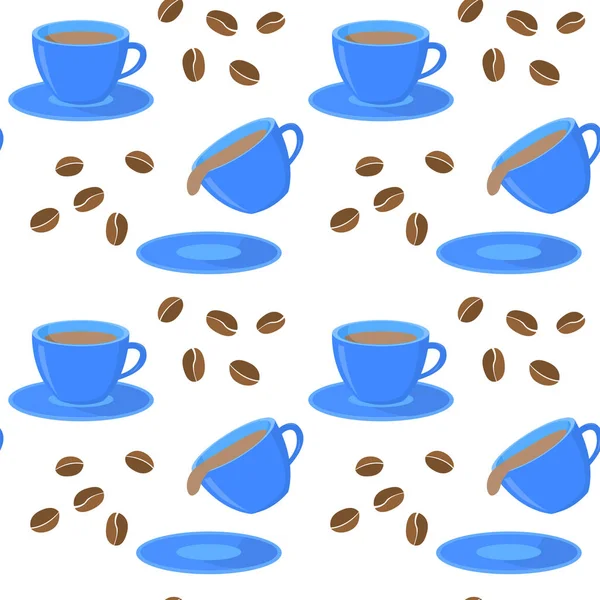 コーヒーと茶色のコーヒー穀物の青いカップのシームレス パターン ロイヤリティフリーのストックイラスト