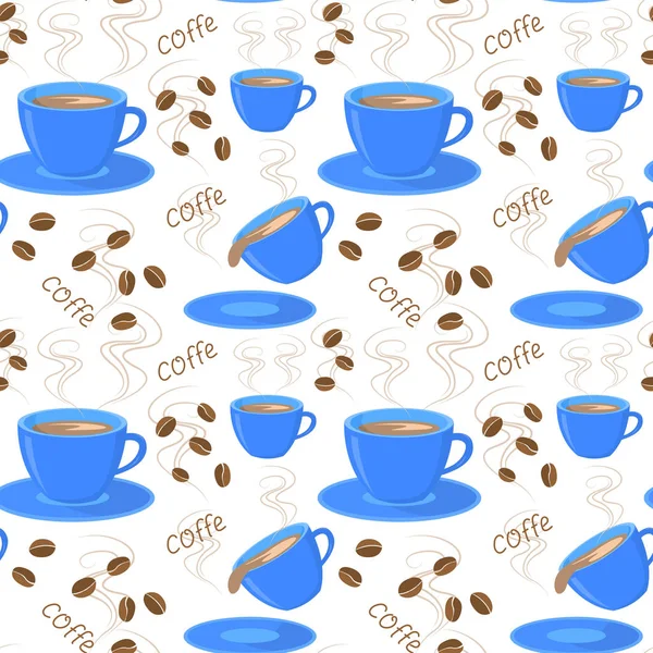 ホット コーヒー、蒸気、香りとコーヒー豆の青いカップのシームレス パターン. ベクターグラフィックス