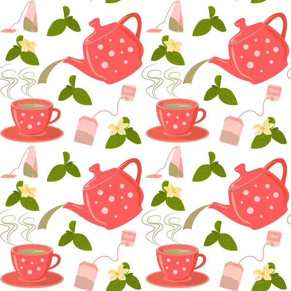 Seamless pattern, tea theme, image of a cup of hot tea, teapot. — Stock Vector