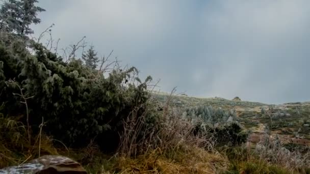 Zeit Überbrückt Gefrorenen Berg Mit Bäumen Herbst — Stockvideo