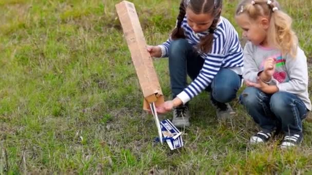 Girls Making Wooden Planes Having Fun Time — ストック動画