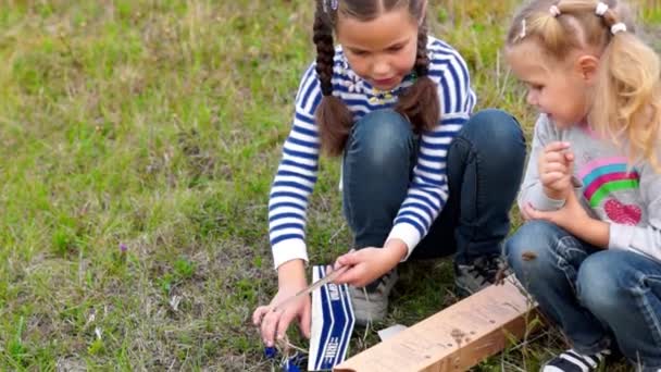 Girls Making Wooden Planes Having Fun Time — ストック動画