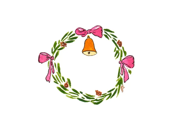 Акварельний різдвяний вінок з рожевим бантом і помаранчевим дзвоном — стокове фото