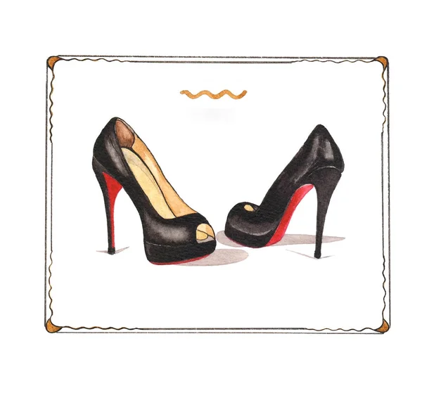 Watercolor fasion illustration with shoes louboutin — Stock Photo, Image