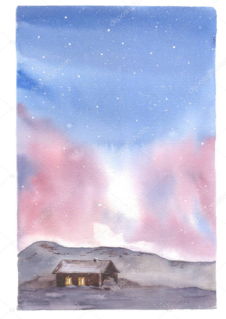 Watercolor illustration Northern Lights, sky and house