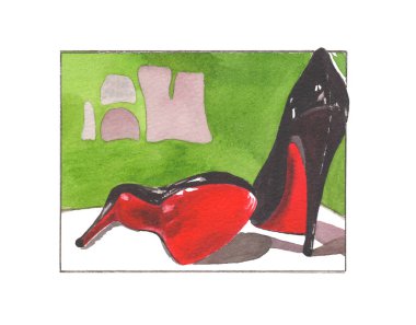 Suluboya moda illüstrasyon kırmızı siyah ayakkabı louboutin ile