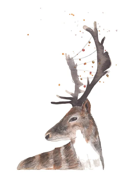 Illustration aquarelle cerf avec guirlande de lumières — Photo