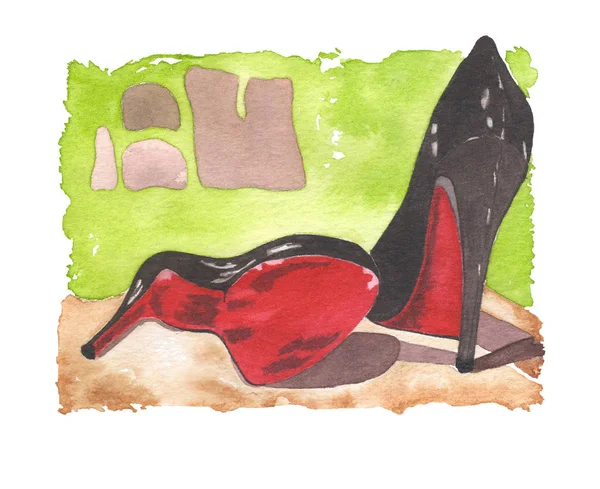 Suluboya Fasion vardır illüstrasyon kırmızı ve siyah ayakkabı louboutin ile