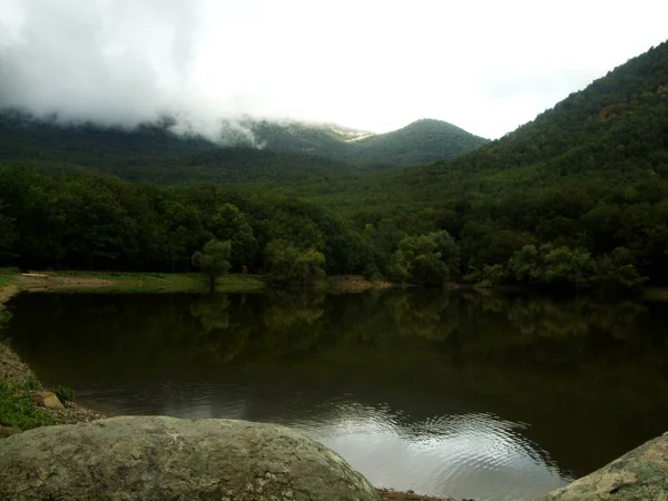 Automne sombre Forêt autour des nuages montagne près du lac — Photo