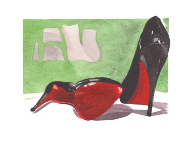 Suluboya moda illüstrasyon kırmızı siyah ayakkabı louboutin ile