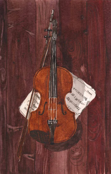 Ilustração aquarela de um violino e notas sobre um fundo de madeira — Fotografia de Stock