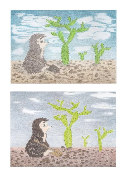 Dvě tužky Kreslení dětských ilustrací malého hnědého ježka a zeleného kaktusu — Stock fotografie