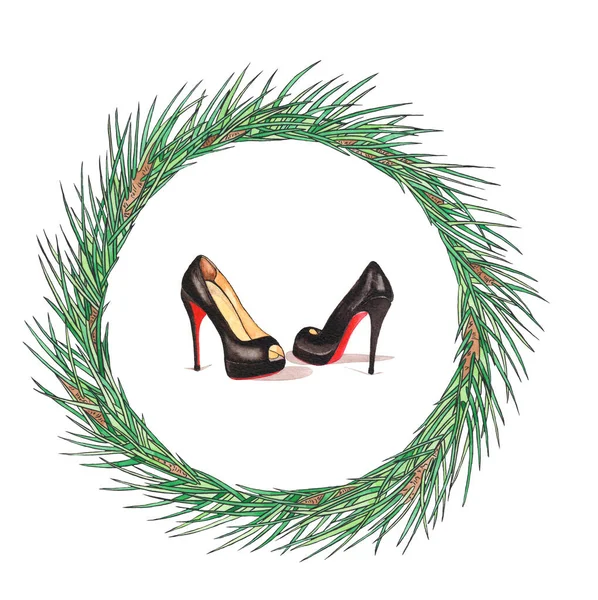 ルブタンの靴で水彩クリスマスリース。年賀状イラスト。ホリデーデザイン. — ストック写真