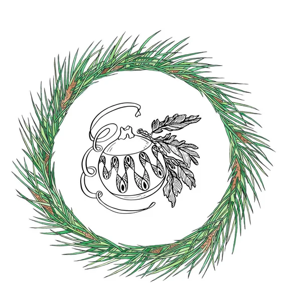 Αδιάβροχο Χριστουγεννιάτικο στεφάνι με μπάλα σε κλαδί. Νέο έτος κάρτα εικονογράφηση. Σχεδιασμός διακοπών. — Φωτογραφία Αρχείου