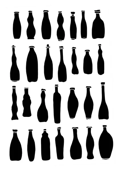 Conjunto negro de diferentes formas de pequeñas botellas de bebida — Foto de Stock