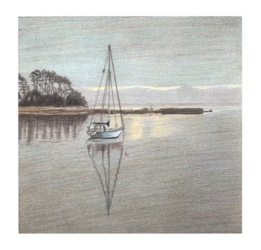 El çizimi yelkenli, gündoğumu, deniz, doğa çizimi, dekorasyon