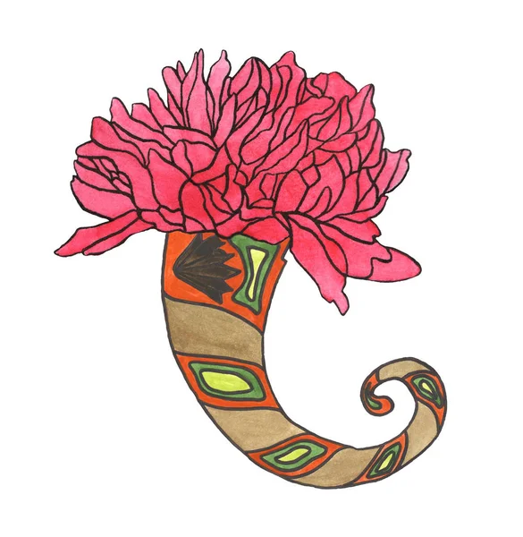 Watercolor pink chrysanthemum flower on decorative horn — 스톡 사진