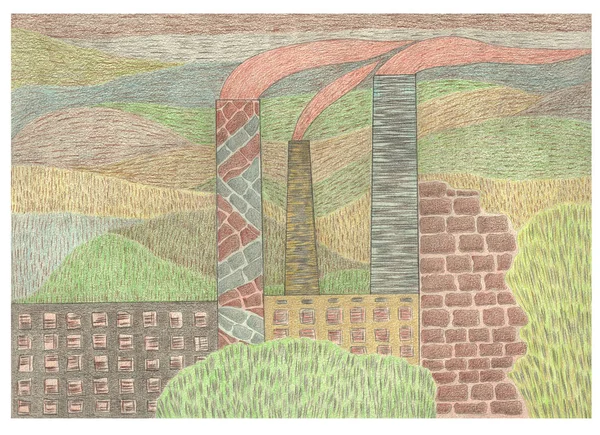 Kouřové věže továrny, cihlové zdi a zelené stromy, barevná ekologická ilustrace — Stock fotografie