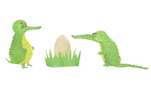 Rajzfilm zöld krokodil gyűjtemény készlet pálma, fű és tojás — Stock Fotó