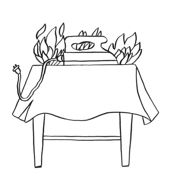 Forgotten iron on the table. Broken appliances. Fire danger. Safety compliance with smoke. Cartoon flat illustration