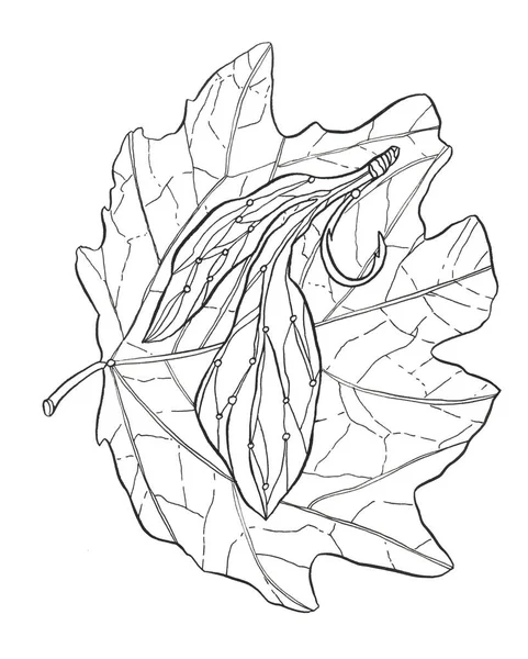 Dekoratif Karikatür Monokrom Canlı Yaprak Mürekkep Çizim Ağaç Dalı Demir — Stok fotoğraf