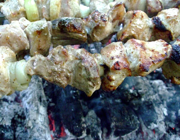 Grilling shashlik is cooked on fire. Grilled meat. — Stock Photo, Image