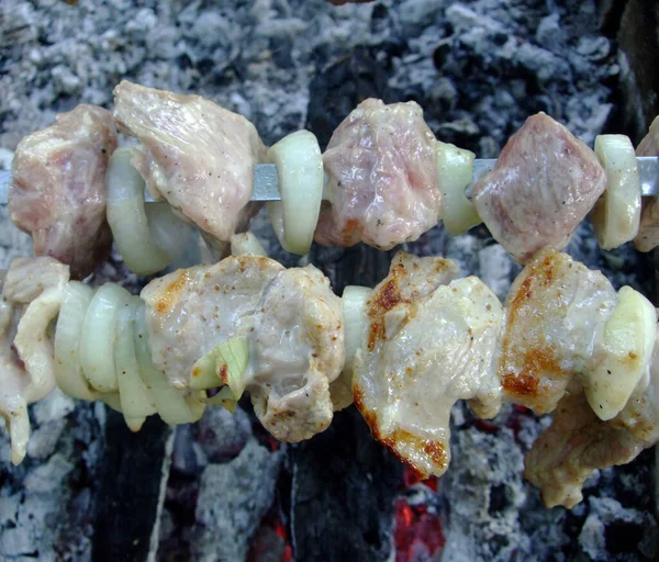 O shashlik grelhado cozinha-se no fogo. Carne grelhada . — Fotografia de Stock