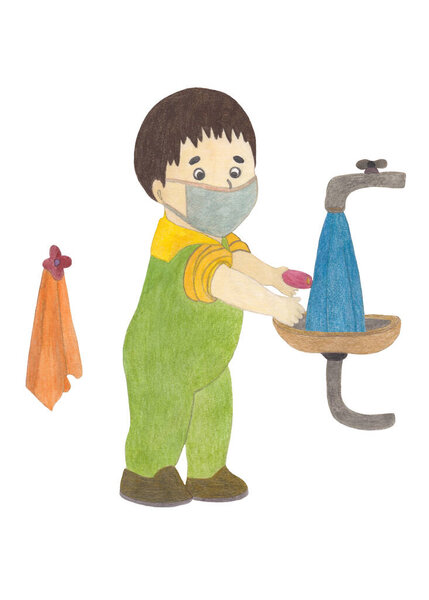 Watercolor children illustration little boy hand washing, virus protection measures, picture isolated on white background.