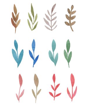 Suluboya Yapraklı Clipart çiçek dalları. Tasarımınız için dekoratif unsurlar yapraklar, girdaplar, çiçekler..