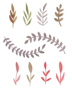 Suluboya Yapraklı Clipart çiçek dalları. Tasarımınız için dekoratif unsurlar yapraklar, girdaplar, çiçekler..