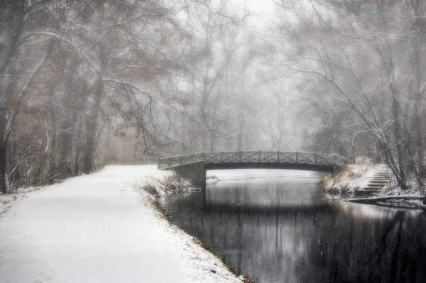 Sentier et pont dans le paysage hivernal — Photo