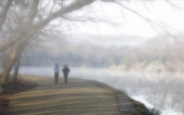 Два бегуна туманным утром у озера — стоковое фото