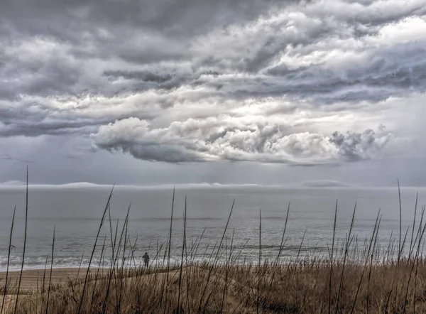 Person on beach watching clouds over sea