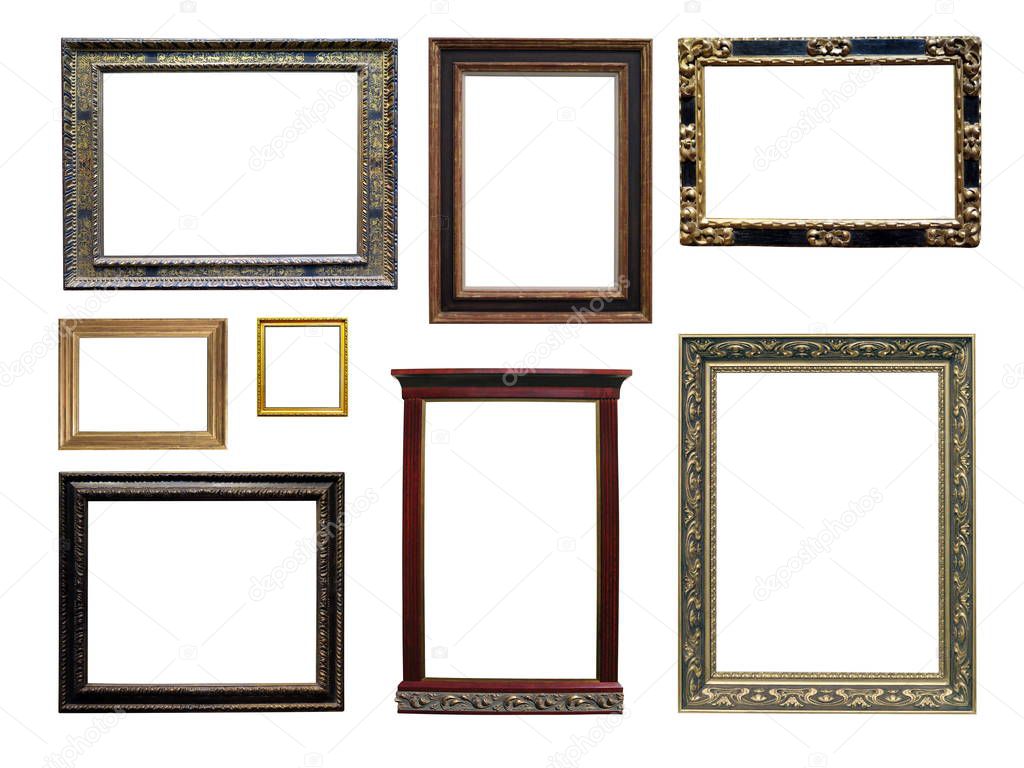 Set of isolated art empty frames in golden color