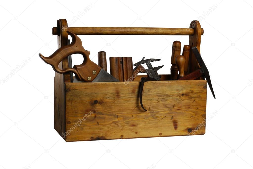Old Wooden Tool Box Full of Tools Isolated