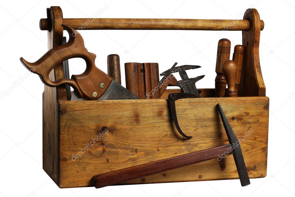 Old Wooden Tool Box Full of Tools Isolated